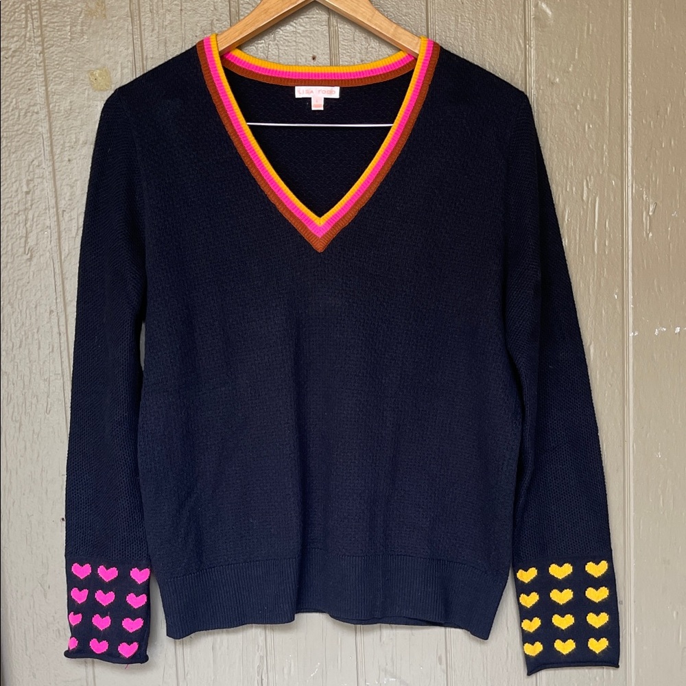 Lisa Todd Black V-Neck Sweater with Pink and Yellow Heart Details